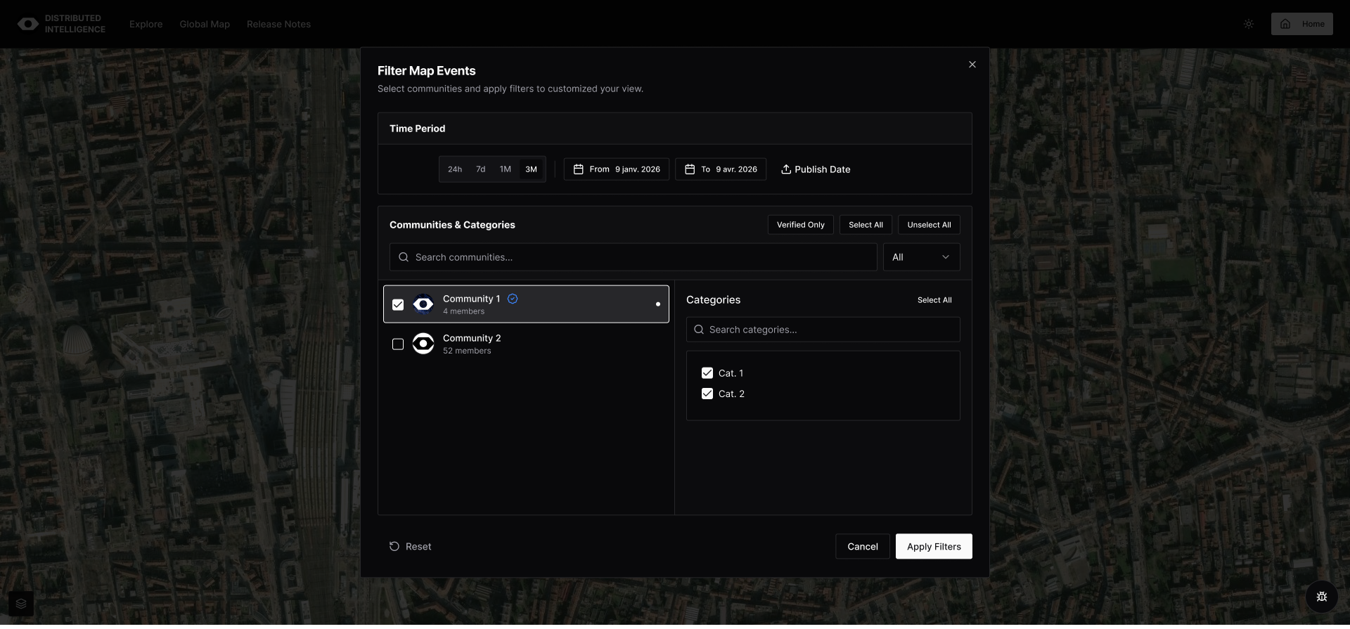 Global map with filter panel open